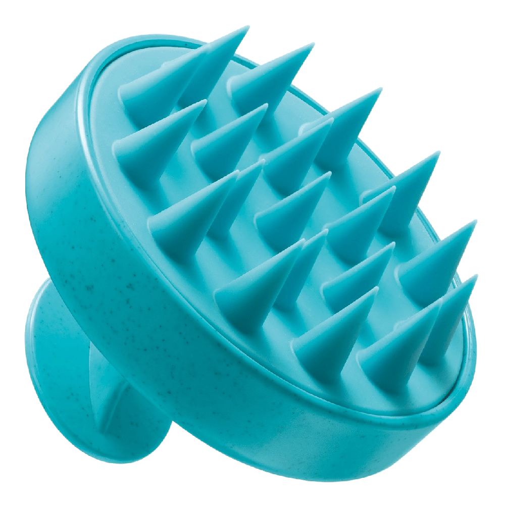 Moroccanoil Kopfhaut-Massagebürste von unten gezeigt mit ergonomischem Griff und flexiblen Silikonborsten