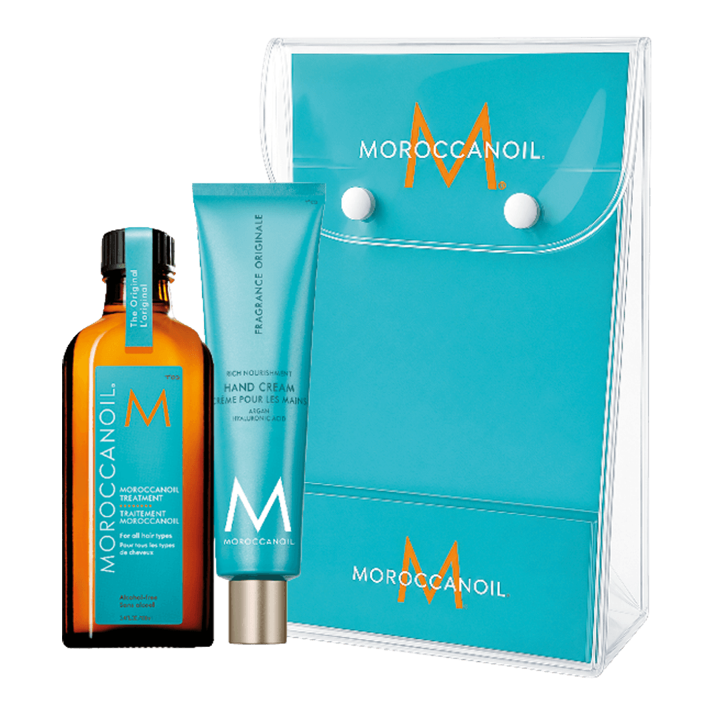 Moroccanoil Hair & Hand Duo mit Arganöl als Pflegeset für glänzendes Haar und intensiv gepflegte Hände in Kosmetiktasche