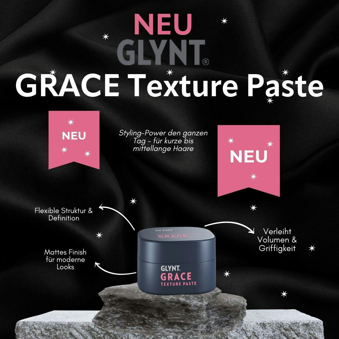 Glynt GRACE Texture Paste im Tiegel auf dunklem Stoff, zeigt mattes Styling und flexiblen Halt für kurze bis mittellange Haare